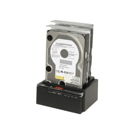 A DigiTech XC4695 Dual Bay SATA HDD SSD Docking Station with a hard disk drive inserted, showing labels and connectors, is displayed against a white background.