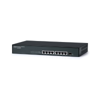 An Edge-Core ES4308-POE 8-Port Gigabit PoE Managed Switch, certified refurbished, with eight PoE ports and a front panel port by Edge-Core, shown on a white background.