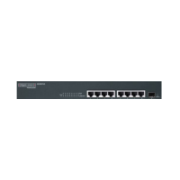 An Edge-Core ES4308-POE 8-Port Gigabit PoE Managed Switch by Edge-Core, black, with an extra port on the right side, displayed on a white background.