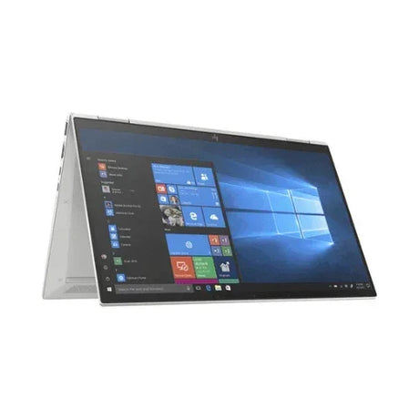 A silver HP EliteBook X360 1030 G7 with Intel i7, 8GB RAM, and 256GB SSD shows Windows 11 Pro on its 13.3 touchscreen in tent mode—an ideal refurbished business laptop from HP.