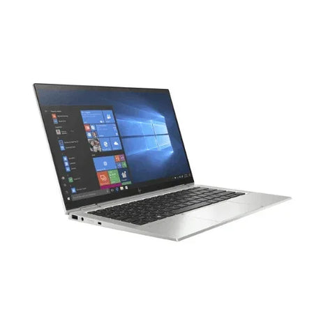 An HP EliteBook X360 1030 G7 laptop with i7 processor, 8GB RAM, and 13.3 touchscreen is open and powered on, showing the Windows desktop on a white background.