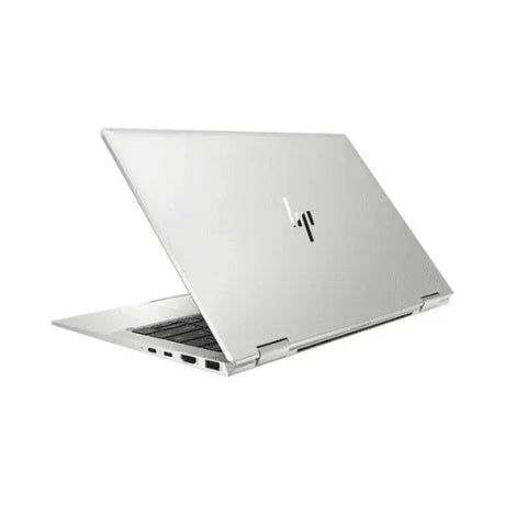 A silver HP EliteBook X360 1030 G7 i7 convertible laptop is partially open, showing its keyboard and ports. The HP logo appears on the back, with the device angled on a white background.