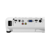 The image shows the rear view of a certified refurbished Epson EB-W140 WXGA Projector, highlighting input ports such as HDMI, USB-A, USB-B, audio, video, VGA (computer), and a power socket on the left side.