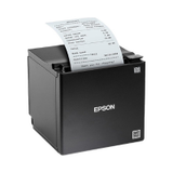 The Epson TM-M30II Thermal Receipt Printer (USB/Ethernet POS) by Epson features a compact black design with a printed receipt emerging—ideal for efficient point-of-sale systems.