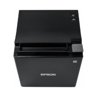 Top view of the Epson TM-M30II Thermal Receipt Printer (USB/Ethernet POS | Wty) in black, featuring power and paper feed buttons on the top right and the Epson logo on the front—perfect for any POS setup.