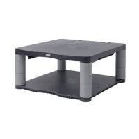 The Dell Fellowes Premium Monitor Riser CRC91694 in graphite features a sturdy plastic build with four cylindrical legs and an open lower shelf, elevating your monitor while providing extra storage space. BRAND NEW OPEN BOX.