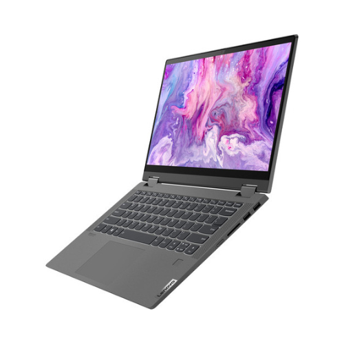 The Lenovo Flex 5 2-in-1, shown from a front-side angle against a white background, features a slim, open gray design and a vibrant purple-pink abstract display.