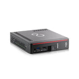 A certified refurbished Fujitsu Esprimo G558 USDT desktop, featuring an i5 9400T 1.8GHz CPU, 8GB RAM, 256GB SSD, Windows 11 Pro, and a sleek black case with red accents and the Fujitsu logo—compact design with front and side ports.