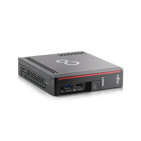 A certified refurbished Fujitsu Esprimo G558 USDT desktop, featuring an i5 9400T 1.8GHz CPU, 8GB RAM, 256GB SSD, Windows 11 Pro, and a sleek black case with red accents and the Fujitsu logo—compact design with front and side ports.