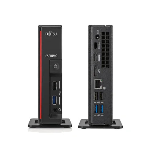 Front and back view of the Fujitsu Esprimo G558 USDT (i5 9400T, 8GB, 256GB SSD, Windows 11 Pro), showing ports like USB, HDMI, DisplayPort, and Ethernet. This certified refurbished desktop features front power button and audio ports.