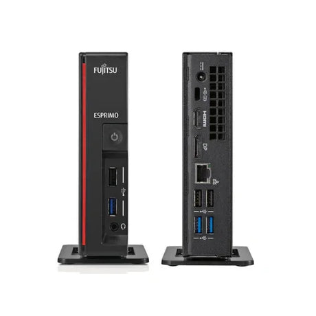 Front and back view of the Fujitsu Esprimo G558 USDT (i5 9400T, 8GB, 256GB SSD, Windows 11 Pro), showing ports like USB, HDMI, DisplayPort, and Ethernet. This certified refurbished desktop features front power button and audio ports.