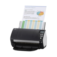 The Fujitsu fi-7160 Black Duplex Document Scanner 60PPM USB 3.0 quickly scans a color business report with charts and tables, showcasing its high-quality black and white scanning performance.