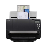 A certified refurbished Fujitsu fi-7160 Black Duplex Document Scanner scans multiple sheets with its top tray, features a digital display, control buttons, 60PPM speed, and connects via USB 3.0.