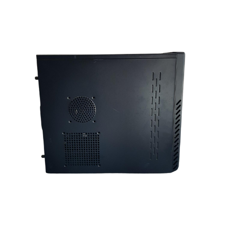 A refurbished GIGABYTE B460MDS3H V2 SFF desktop with Intel Core i3-10100, 8GB RAM, 250GB SSD, and Windows 11 Pro is shown from the side with ventilation holes and a fan grill, isolated on a white background.