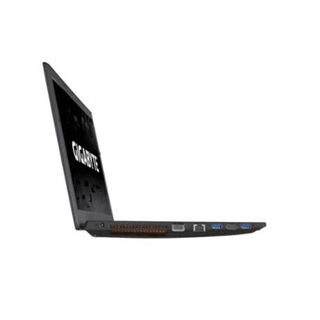 The GIGABYTE P15FV5, a black gaming laptop shown partially open from the left, features ventilation grilles, VGA, Ethernet, HDMI, and two USB ports. Powered by an Intel Core i7-6700HQ for smooth performance against a white background.