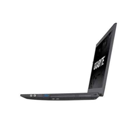 A slim, black GIGABYTE P15FV5 gaming laptop with a partially open 15.6 screen displays GIGABYTE on dark. Powered by Intel Core i7-6700HQ, 16GB RAM, GTX 950M, and shown left side on white background.