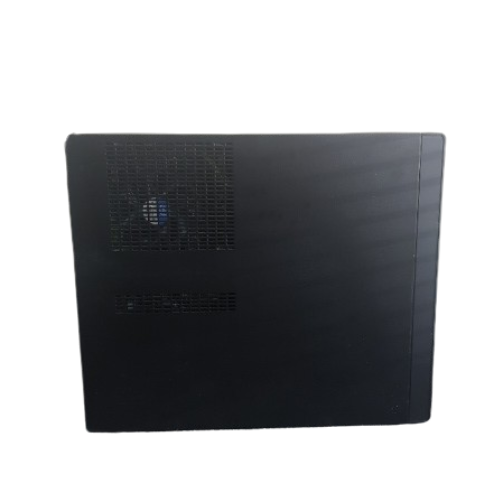 A black SFF PC case from the side shows two ventilation grills and a smooth, plain surface—suitable for a certified refurbished GIGABYTE B85M-HD3 i5 4590 3.3GHz 4GB 128GB SSD desktop (no OS, 3-month warranty).