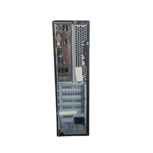 The image shows the back panel of a certified refurbished GIGABYTE desktop (B85M-HD3 SFF, i5 4590, 4GB RAM, 128GB SSD) with ports like USB, HDMI, VGA, Ethernet, audio jacks, expansion slots, and power socket.