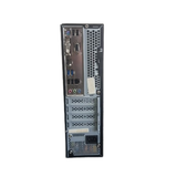 The image shows the back panel of a certified refurbished GIGABYTE desktop (B85M-HD3 SFF, i5 4590, 4GB RAM, 128GB SSD) with ports like USB, HDMI, VGA, Ethernet, audio jacks, expansion slots, and power socket.