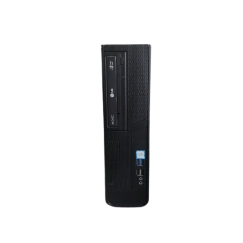 A black GIGABYTE H110M-S2PV SFF desktop, certified refurbished, with Intel Core i3-6100 3.7GHz, 4GB RAM, 120GB SSD, and optical drive; features USB ports and power button on the front panel. Isolated on white background.