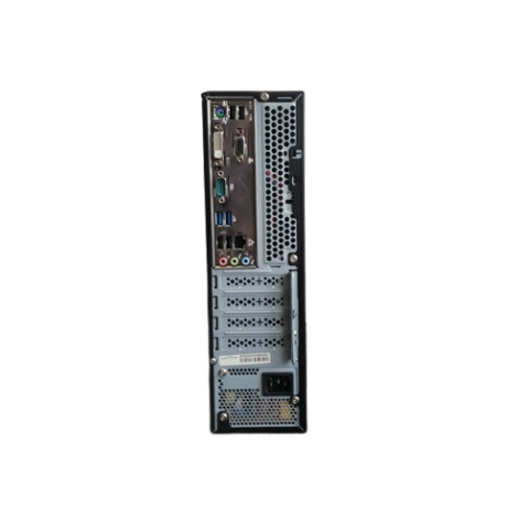 Rear view of a GIGABYTE H110M-S2PV SFF desktop with Intel Core i3-6100, 4GB RAM, 120GB SSD, multiple ports (USB, audio, VGA, HDMI, Ethernet), expansion slots, power supply visible. Runs Windows 10 Pro; certified refurbished with warranty.