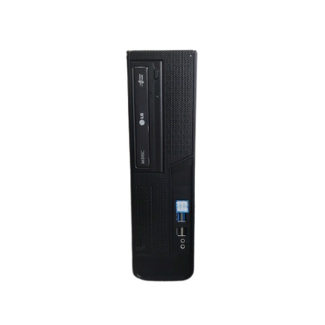 A front view of a certified refurbished black GIGABYTE desktop computer tower with DVD drive, USB ports, audio jacks, power button; features Intel Core i3-6100 3.7GHz CPU, 8GB RAM, 120GB SSD on a Gigabyte H110M SFF board; isolated on white.