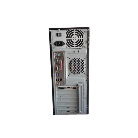 The image displays the back panel of a refurbished GIGABYTE H81M-DS2 SFF i3 4150 3.5GHz 6GB desktop, showing ports, expansion slots, power supply, cooling fan, and vents against a white background.