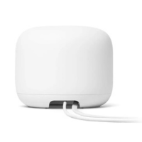 A black, rounded Google Nest WiFi Router H2D AC2200 by Google, shown with two cables connected at the back against a plain white background.