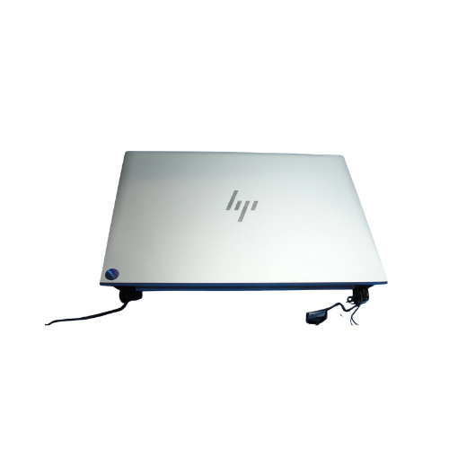 A closed HP 14" 1920x1200 IPS LCD Screen Assembly for EliteBook 840/845 G9 (N22326-001) is shown from above with two black USB cables connected—ideal as a business laptop display repair or certified refurbished replacement.