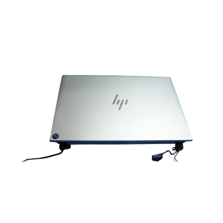 A closed HP 14" 1920x1200 IPS LCD Screen Assembly for EliteBook 840/845 G9 (N22326-001) is shown from above with two black USB cables connected—ideal as a business laptop display repair or certified refurbished replacement.