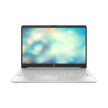 A certified refurbished silver HP 15S-EQ3XXX laptop (Ryzen 5 5625U, 16GB RAM, 512GB SSD, 15.6", W11P) is shown open from the front, displaying a blurred blue and yellow bokeh background on its screen.