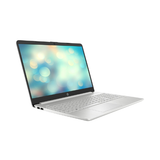 An open silver HP 15S-EQ3XXX laptop (Ryzen 5 5625U, 16GB RAM, 512GB SSD, 15.6", Windows 11 Pro) shows a blurred bokeh wallpaper on a white background, with the keyboard and left ports visible on this certified refurbished device.