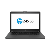 A black HP 245 G6 Notebook (AMD E2-9000E, 8GB RAM, 1TB, 14"), open and facing forward, displays the HP logo and "245 G6" on its screen against a white background.