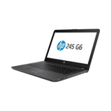 The HP 245 G6 AMD E2-9000E 1.5GHz 8GB 1TB DW 14" W10P refurbished business laptop is shown open, displaying the screen with the HP logo, keyboard, and touchpad on a white background.