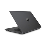 A black HP 245 G6 Notebook with AMD E2-9000E, 8GB RAM, and 1TB HDD is partially open and viewed from the back left, displaying the HP logo—ideal as a refurbished 14" business laptop with Windows 10 Pro.