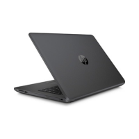 A black HP 245 G6 Notebook with AMD E2-9000E, 8GB RAM, and 1TB HDD is partially open and viewed from the back left, displaying the HP logo—ideal as a refurbished 14" business laptop with Windows 10 Pro.