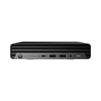 Front view of the ultra-compact HP Elite Mini 600 G9 i7 12700T desktop (16GB/512GB, WiFi, Windows 11 Pro), showing USB ports, headphone jack, and power button. This certified refurbished HP is perfect for saving space.