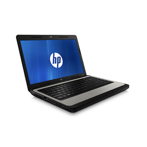 A black and silver HP 630 Notebook PC Laptop 15.6" i3-2350M 4GB 240GB SATA (no OS), open and angled left, displays the HP logo on a blue screen against a plain white background.