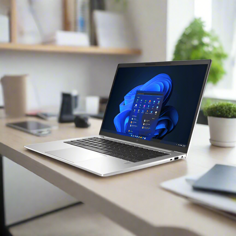 A refurbished HP EliteBook 840 G9 (i5-1235U, 32GB RAM, 256GB SSD, 14) by HP is open with Windows 11 Pro showing on its screen and features a black keyboard against a white background.