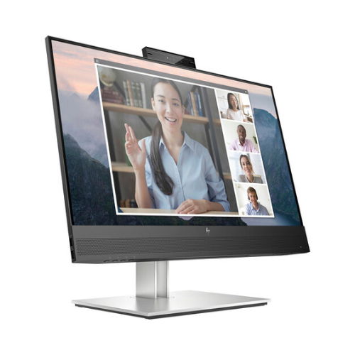 An HP E24mv G4 IPS 23.8 monitor displays a video call with one large image of a smiling woman waving and four smaller participant windows; it features a built-in webcam but comes without a stand.