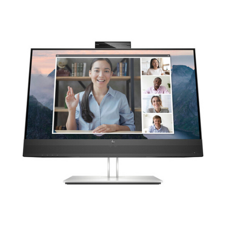 The HP E24mv G4 IPS 23.8 monitor from HP shows a video call with five people—four in smaller windows to the right and a smiling woman in the main window—against a scenic mountain wallpaper background.