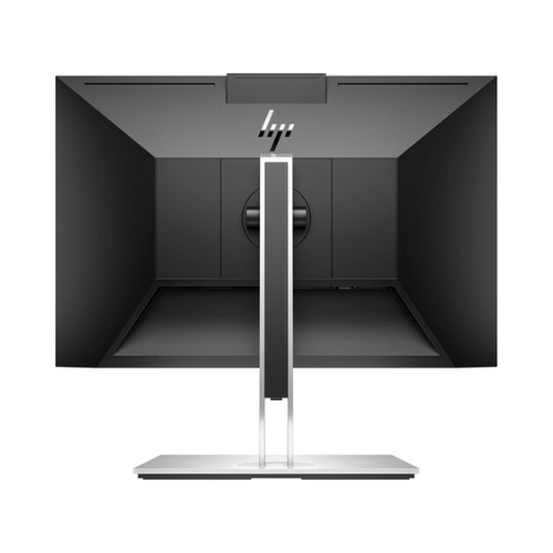 Rear view of the HP E24mv G4 IPS 23.8 monitor, featuring a minimalist black design with the HP logo at the top center—ideal for video conferencing in modern workspaces. Stand not included.