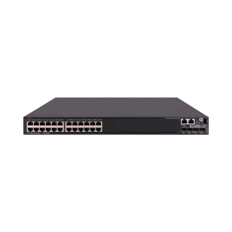 A front view of a Certified Refurbished HP HPE FlexNetwork 5510 24G 4SFP+ HI 1-Slot Switch JH145A, featuring 24 Ethernet ports and 4 SFP+ ports on the right, provides a reliable Layer 3 network solution, shown against a white background.