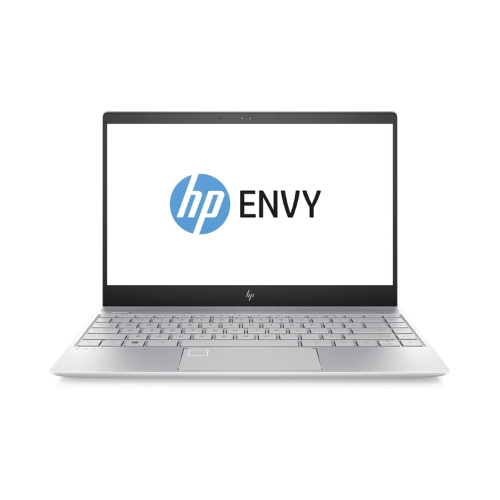 Front view of an open refurbished HP ENVY 13-AD0XX ultrabook (i5-7200U, 8GB RAM, 256GB SSD, 13.3" touch) with a blank white screen displaying the HP logo and "ENVY.