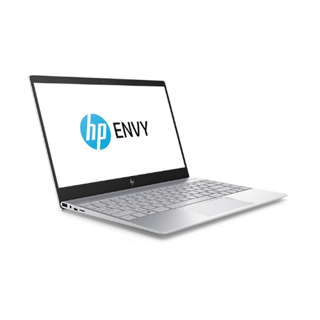 An open silver HP ENVY 13-AD0XX ultrabook displays the logo on its 13.3" touch screen. Featuring a slim design, silver keyboard, and visible left-side ports, it runs on an i5-7200U CPU with 8GB RAM and a 256GB SSD.