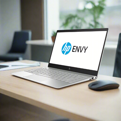 A silver refurbished HP ENVY 13-AD0XX i5-7200U ultrabook with 8GB RAM and 256GB SSD sits open on a wooden desk beside a mouse, showing the HP Envy logo. The blurred background features office chairs and a plant.