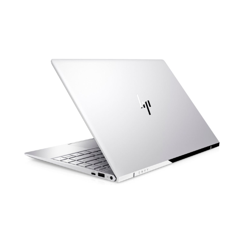 A silver HP ENVY 13-AD0XX ultrabook with HP logo on lid, partially open and viewed from the back left, displays various ports along the left edge.