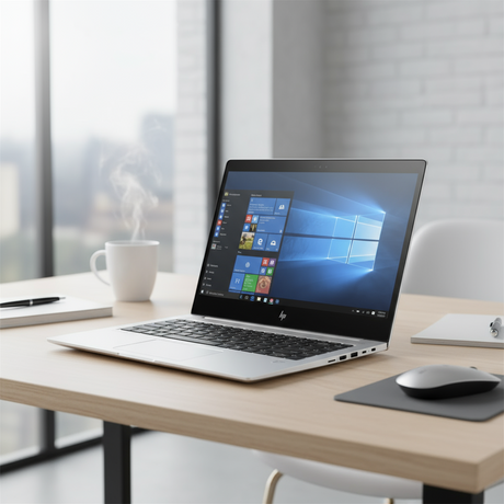 An HP EliteBook 1040 G4 i5 7300U 2.6GHz 8GB 256GB W10P 14" Touch by HP is shown on a light wooden desk with a mouse, mouse pad, and coffee cup in a modern office with large windows.