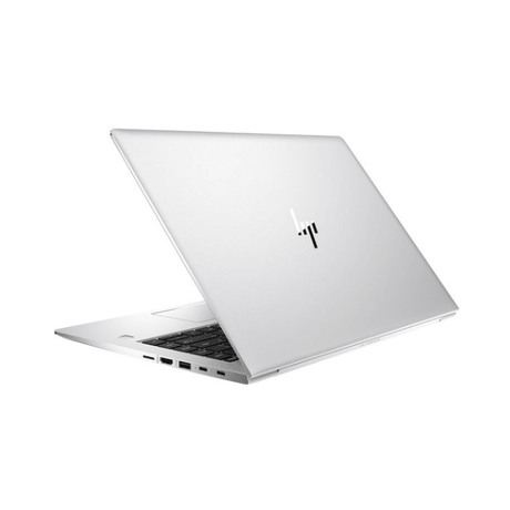 An HP EliteBook 1040 G4 i5 7300U 14" Touch laptop in silver is partially open, displaying the left ports and black keyboard. The HP logo stands out on its sleek lid against a plain white background.