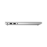 The HP EliteBook 830 G7, shown closed from the left side, features two USB ports, an SD card slot, audio jack, and slim optical drive—practical design elements for business users.